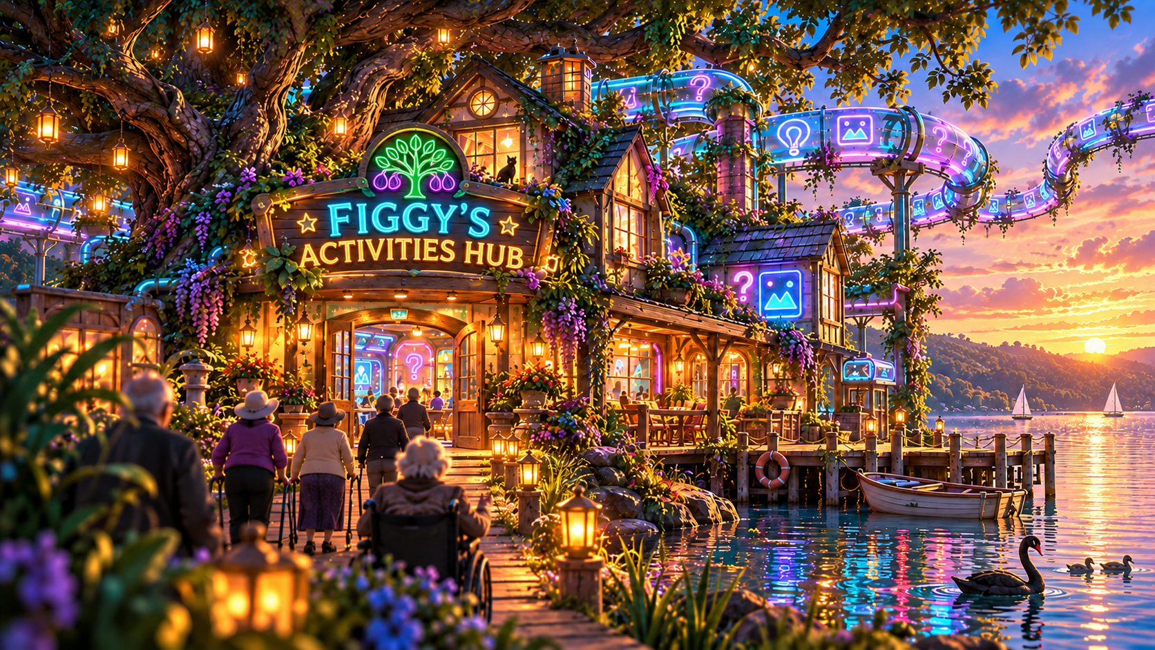 Figgy’s Activities Hub beside the lake beneath a giant fig tree.