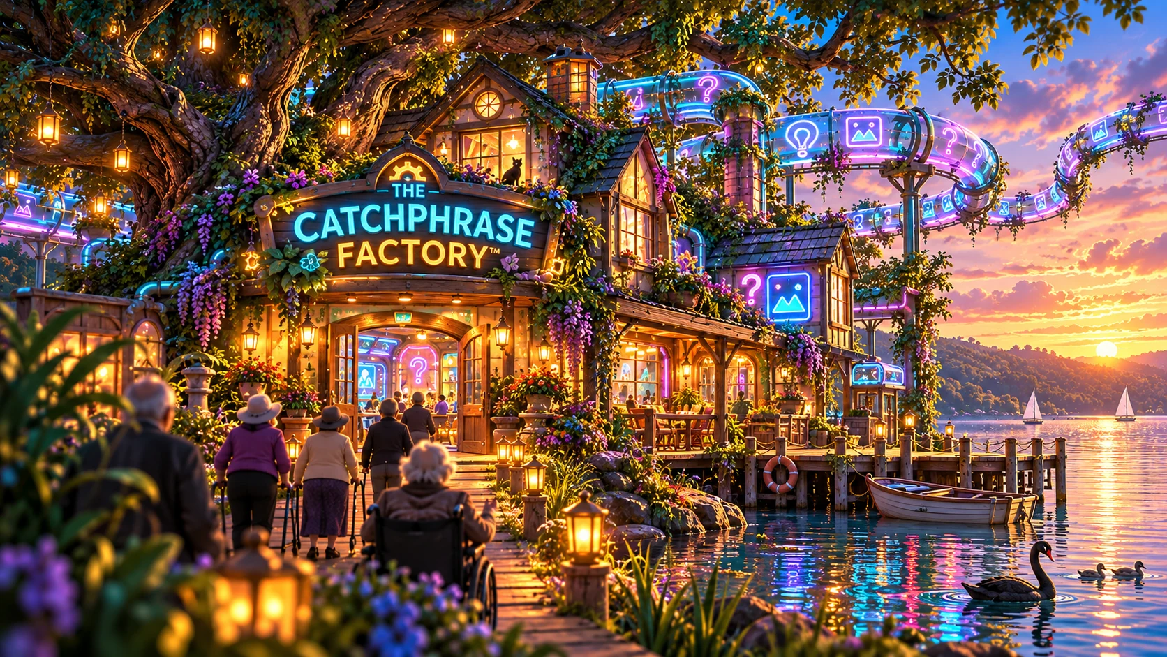 The Catchphrase Factory beside the lake beneath a giant fig tree.