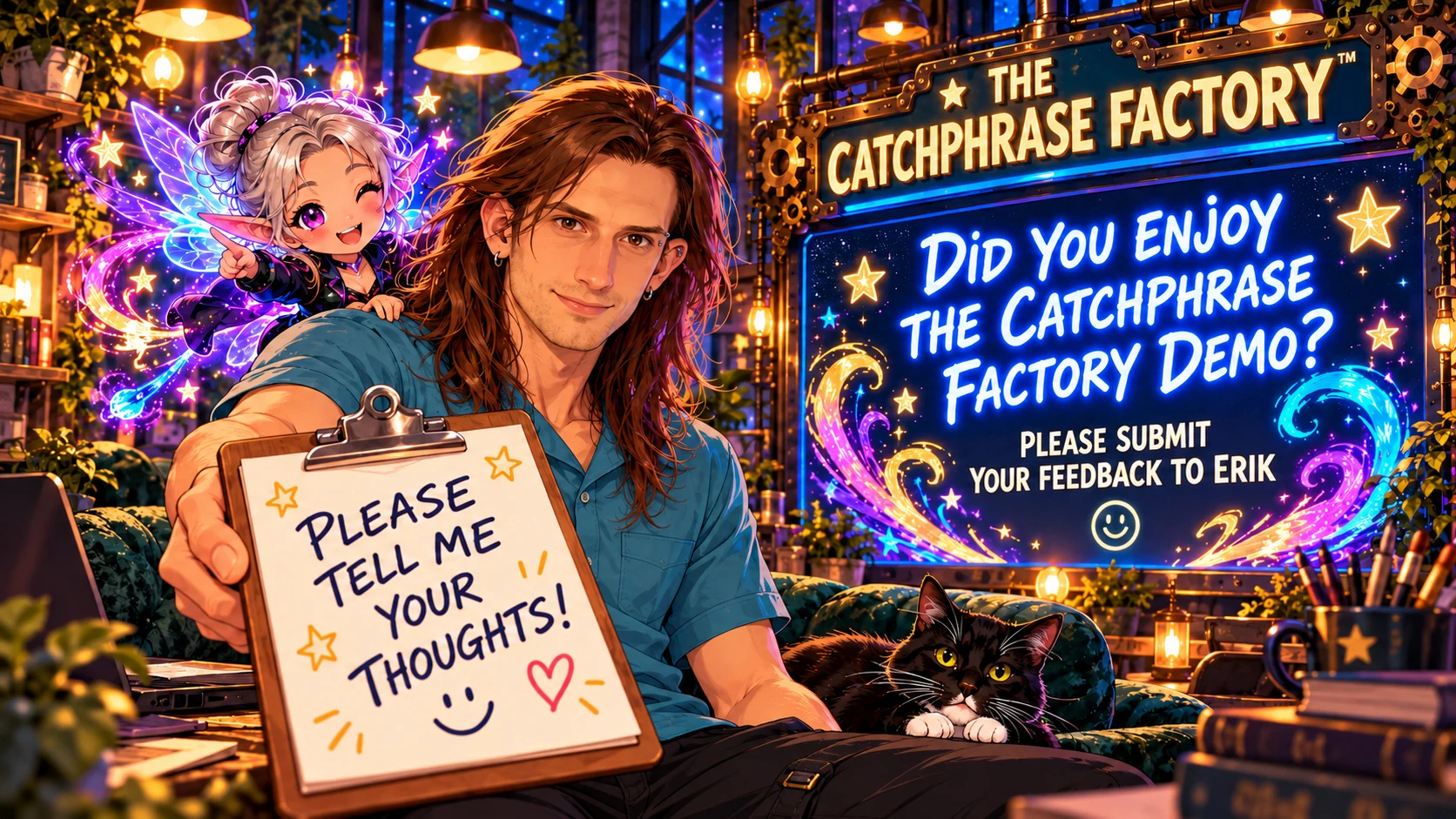 Did you enjoy the Catchphrase Factory demo? Please submit your feedback to Erik. Erik holds out a clipboard asking for your thoughts, with Aelix and Cosmo in the Catchphrase Factory.